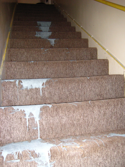 Carpeted stairs dripped with paint