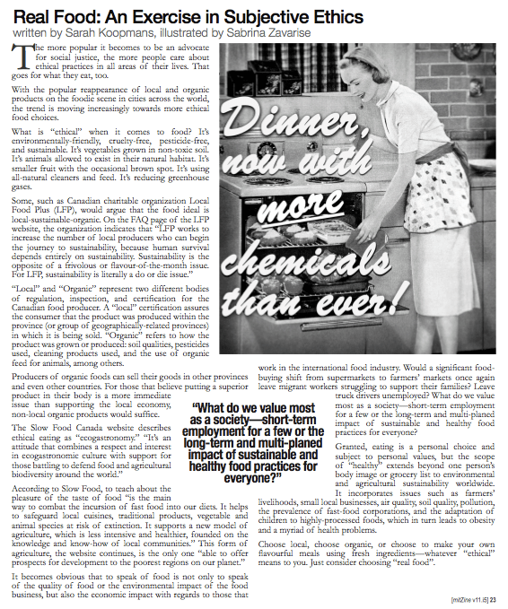 mitZine Vol. 11, Issue 5. April 2012. Article "Real Food: An Exercise in Subjective Ethics". Page 23.